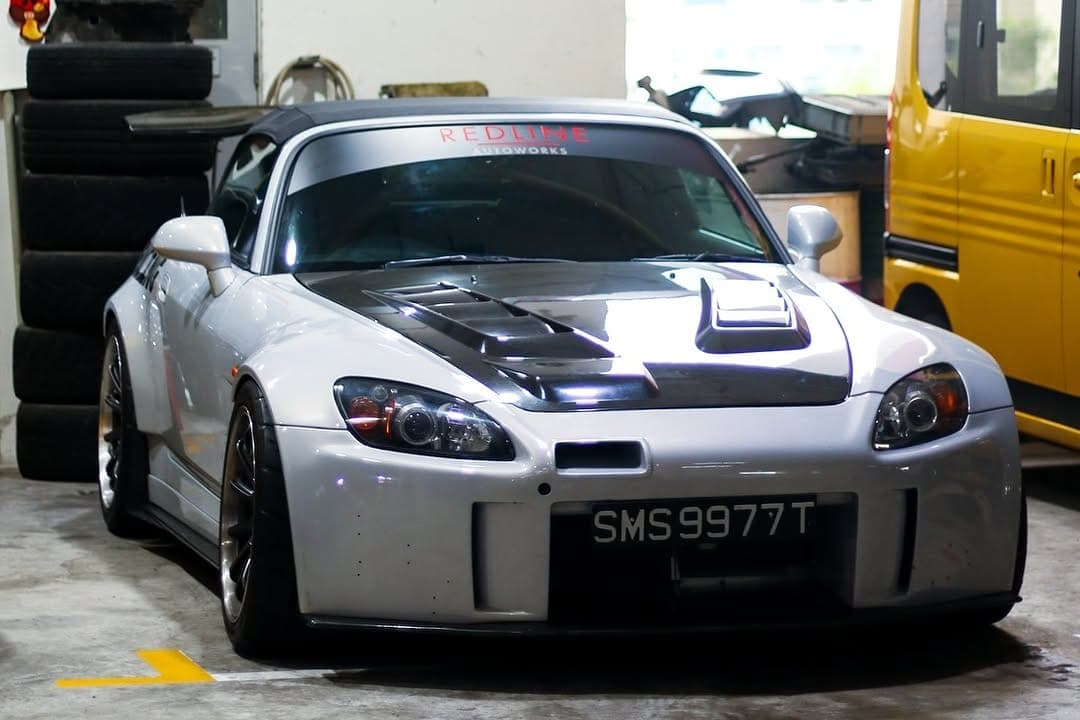 Honda S2000 with carbon bonnet in the Redline Autoworks workshop